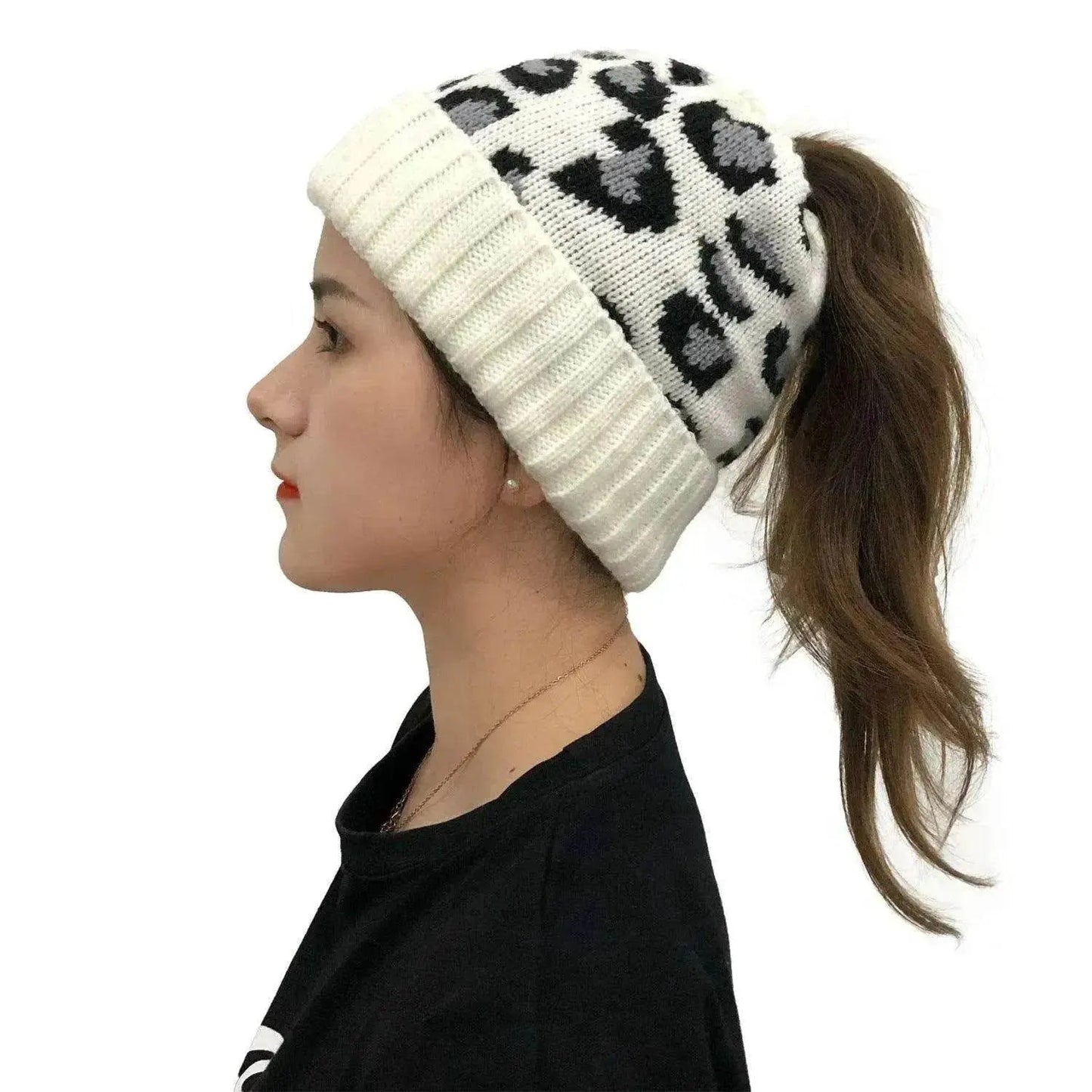Women's Leopard Jacquard Ponytail Knitted Woolen Hat - www.Shopthatapp.com