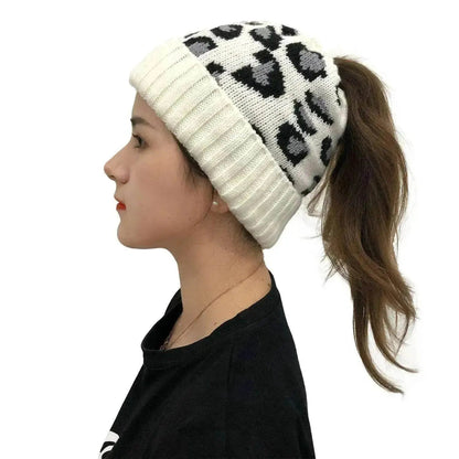 Women's Leopard Jacquard Ponytail Knitted Woolen Hat - www.Shopthatapp.com