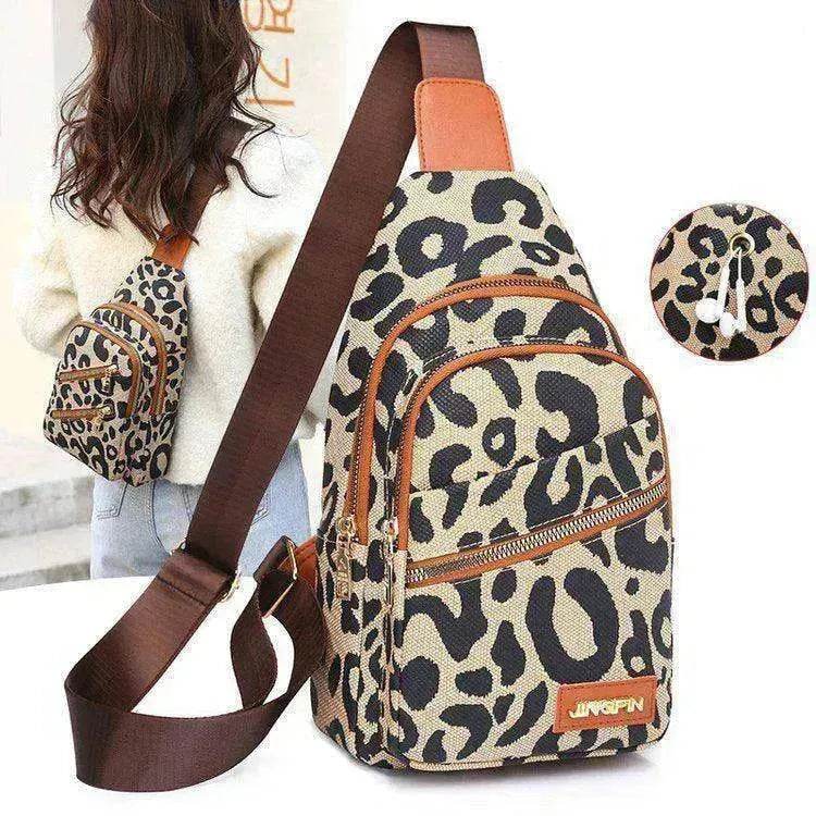 Women's Leopard Print Sling Chest Crossbody & Backpack Bag With Headphone Jack - www.Shopthatapp.com