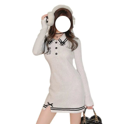 Women's Navy Neck Embroidered Thermal Wool Knit Slim Fit Dress - www.Shopthatapp.com