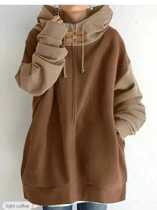 Women's Patchwork Color Loose Hooded Long-sleeve Zipper Sweater - www.Shopthatapp.com