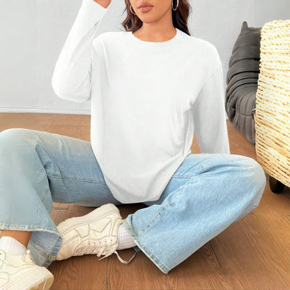 Women's Solid Color Loose Round Neck Top - www.Shopthatapp.com