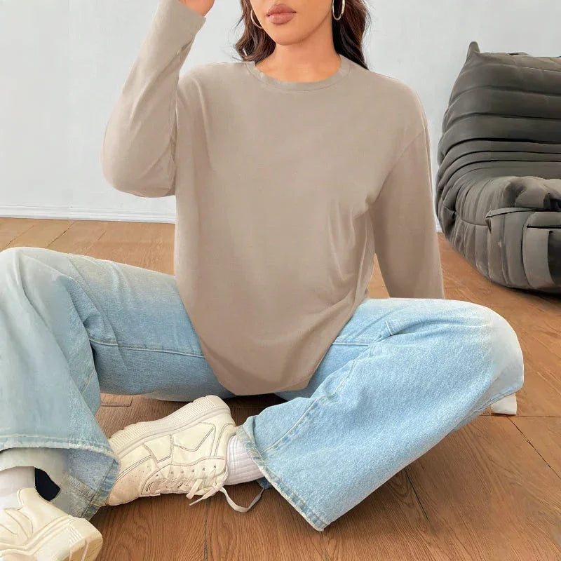 Women's Solid Color Loose Round Neck Top - www.Shopthatapp.com