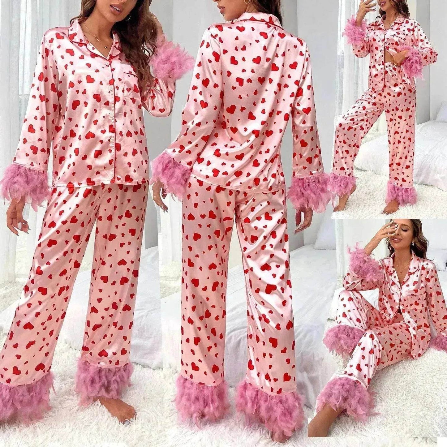 Women's Valentine's Day Sweet Loving Heart Printed Casual Suit Pajamas - www.Shopthatapp.com