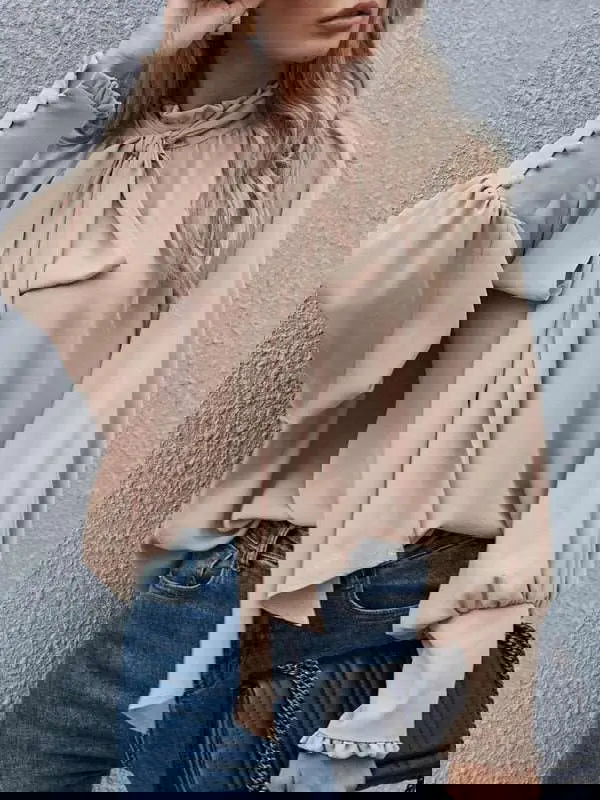 Women's Solid Color Puff Sleeve Bow Tie Blouse-Teen Girls fashion-www.Shopthatapp.com-Color:Cracker khaki-Size:XXL-MK Smith's Shop