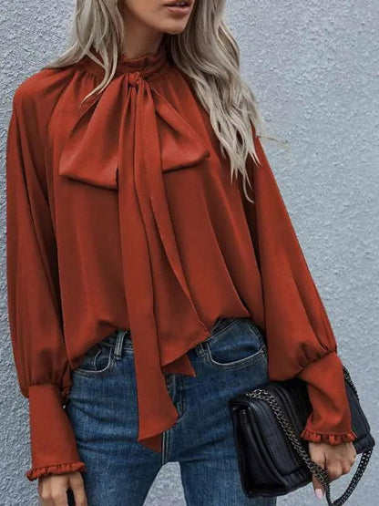 Women's Solid Color Puff Sleeve Bow Tie Blouse-Teen Girls fashion-www.Shopthatapp.com-Color:Wine Red-Size:XXL-MK Smith's Shop
