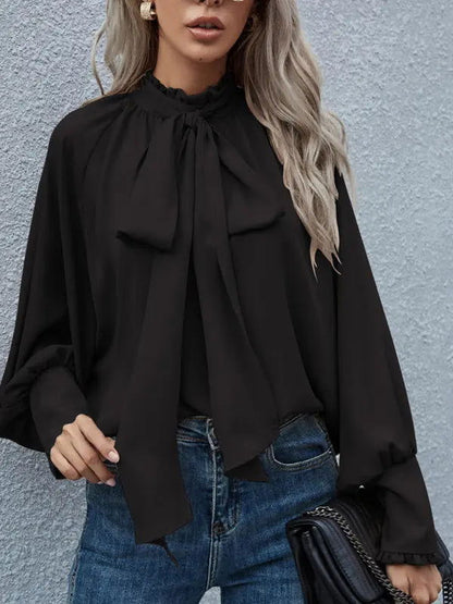 Women's Solid Color Puff Sleeve Bow Tie Blouse - www.Shopthatapp.com