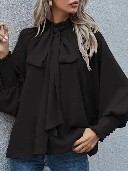 Women's Solid Color Puff Sleeve Bow Tie Blouse - www.Shopthatapp.com