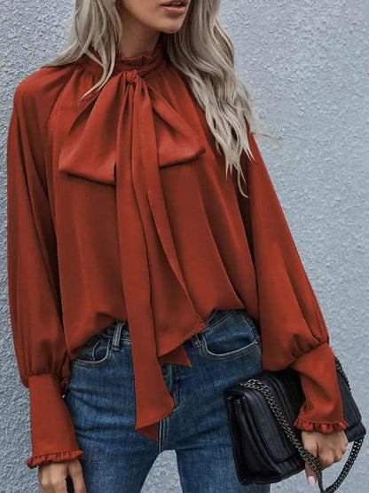 Women's Solid Color Puff Sleeve Bow Tie Blouse - www.Shopthatapp.com
