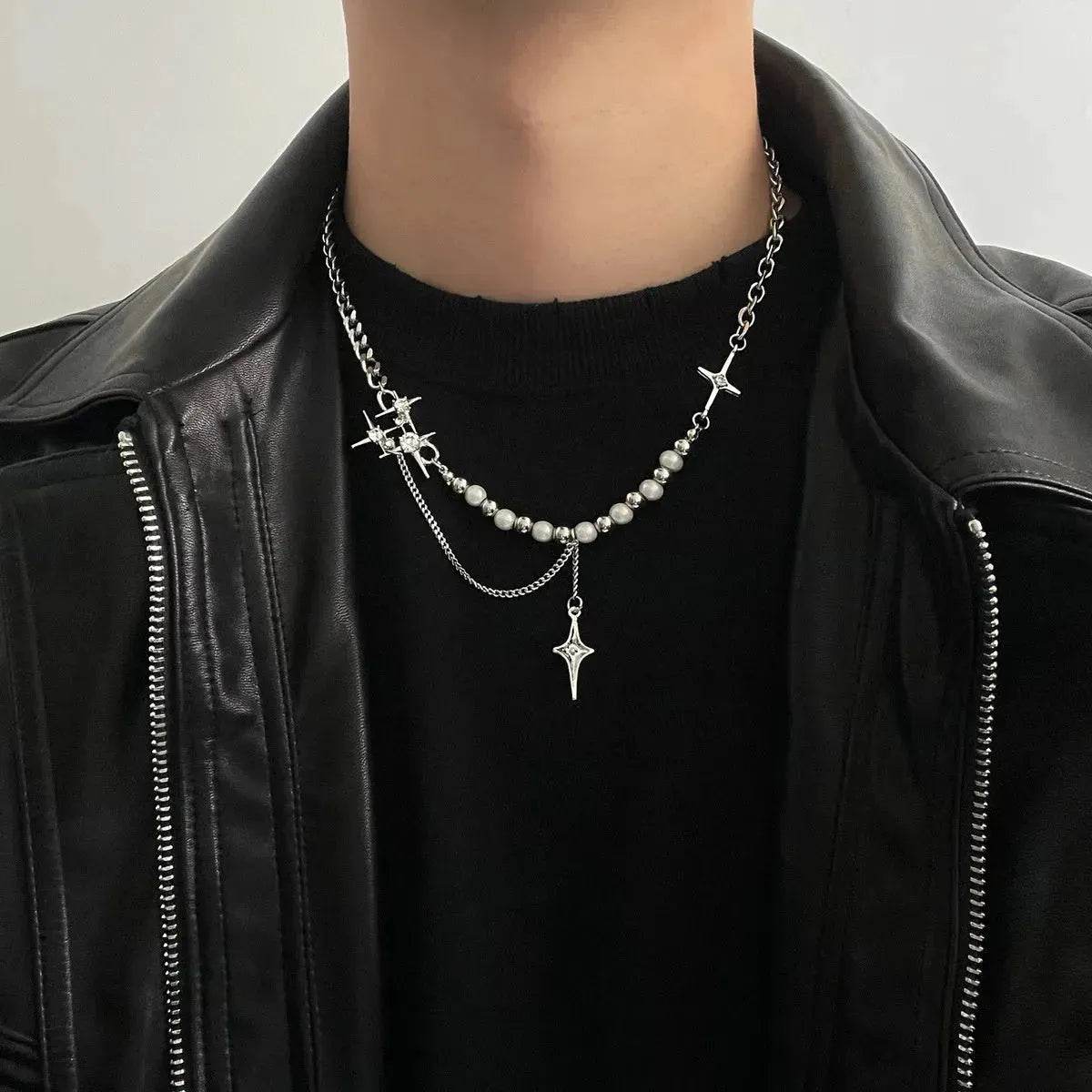Unisex Style Eight-pointed Stars Reflective Pearl Stitching Necklace - www.Shopthatapp.com