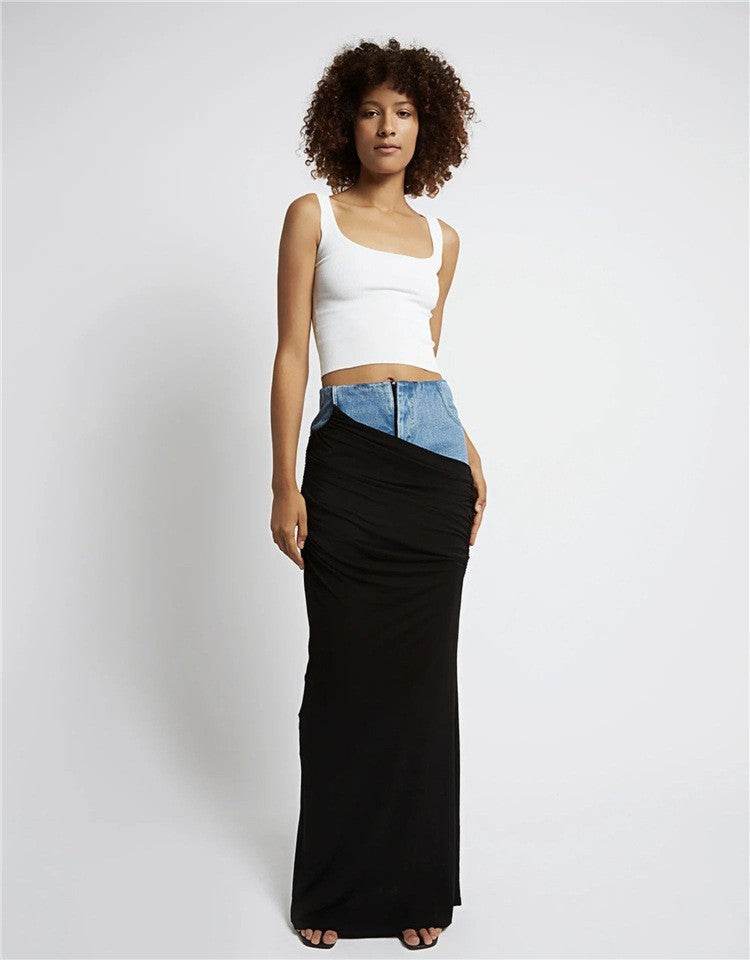 Fashion Black Panel Long Pencil Denim Skirt - www.Shopthatapp.com