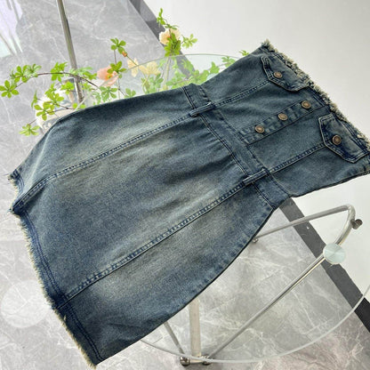 Design Waist-tight Tube Top Raw Edge Denim jeans mini club Dress - www.Shopthatapp.com