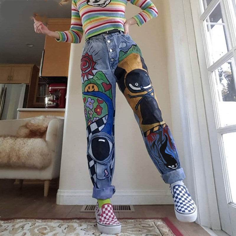 Cartoon Printed Jeans  Pants Trousers For Women - www.Shopthatapp.com