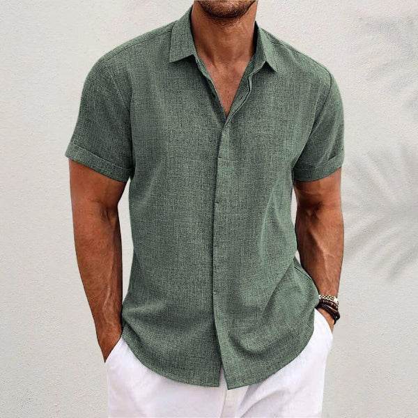 Men's Solid Color Loose Linen Short-sleeved shirt - www.Shopthatapp.com