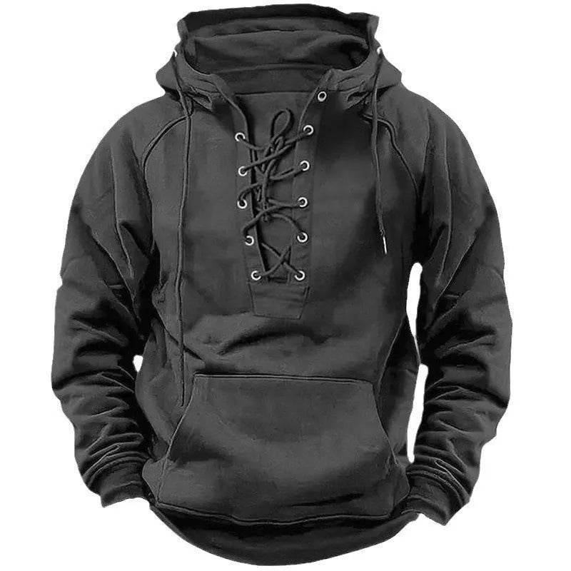 Men's Outdoor Retro Lace-up Hooded Long-sleeved T-shirt Casual Pullover top sweatshirt - www.Shopthatapp.com