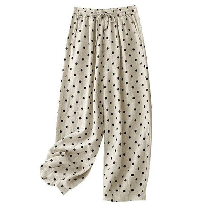 Cotton Hemp Polka Dots Tied Elastic Waist Harem wide go lneg trouser Pants For Women - www.Shopthatapp.com