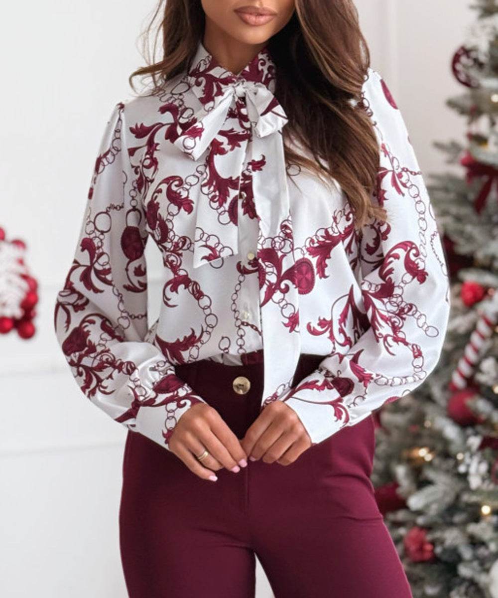 Printed Long Sleeve Bowknot Lining Business Office Formal Work shirt For Women - www.Shopthatapp.com