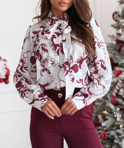Printed Long Sleeve Bowknot Lining Business Office Formal Work shirt For Women - www.Shopthatapp.com