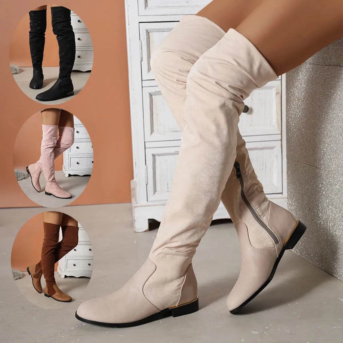 Fashion Over-the-knee Boots For Women Suede Stitching Low-heeled Long Boots With Side Zipper Design Party Shoes Winter - www.Shopthatapp.com