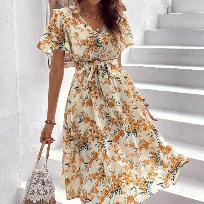 Women Bohemian Spring Short sleeve Casual flowy V-neck Tie belt Floral Summer Midi Dress - www.Shopthatapp.com