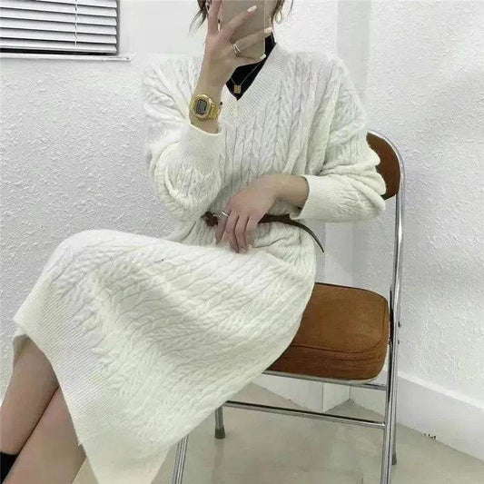 Autumn Winter Knitted V-neck Long Sweater Dress - www.Shopthatapp.com