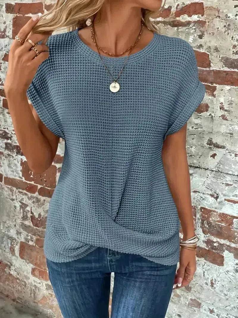 Casual Summer Short-sleeved Waffle blouse Top Summer New Solid Color Casual Evening Top For Women - www.Shopthatapp.com