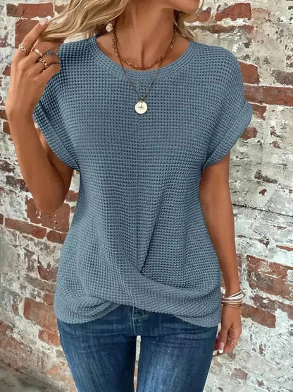 Casual Summer Short-sleeved Waffle blouse Top Summer New Solid Color Casual Evening Top For Women - www.Shopthatapp.com