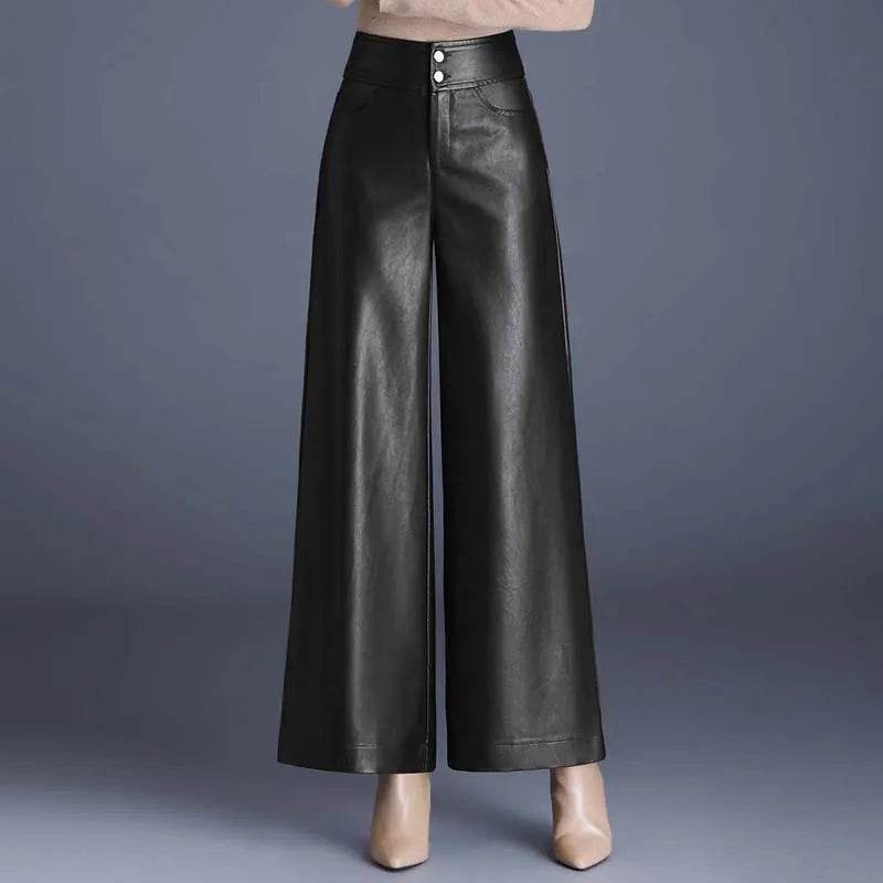 High Waist Thick Loose Big Leg Straight All-matching Wide Leg Leather trouser Pants For Women - www.Shopthatapp.com