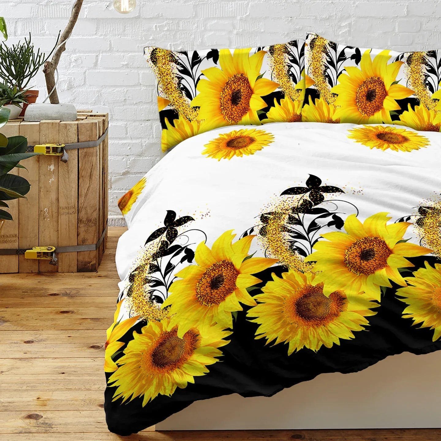 3 Pieces Black And White Background Sunflower Duvet Cover Set Yellow Flower Polyester Bedding Set For Adults Bedroom Decor Twin Full Queen King Size - www.Shopthatapp.com
