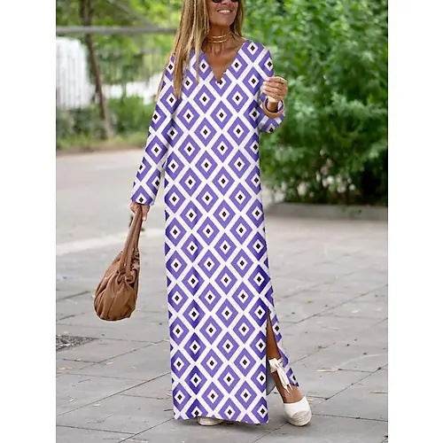 Summer Geometric Printed V-neck Long Dress Fashion Long Sleeve Slit Dresses For Women - www.Shopthatapp.com