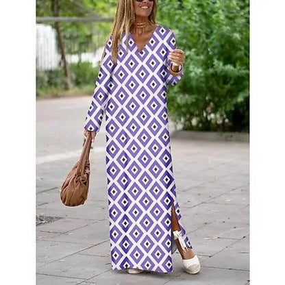 Summer Geometric Printed V-neck Long Dress Fashion Long Sleeve Slit Dresses For Women - www.Shopthatapp.com