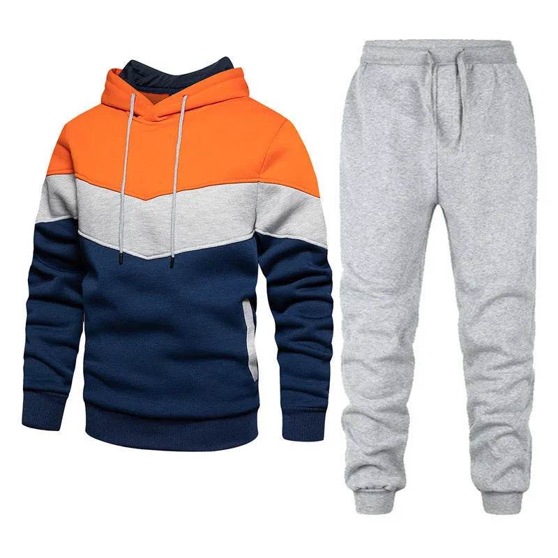 2pcs Winter Fashion Stitching Suit Outdoors Sports Suit Men's Sweatsuit Hoodie Outfit set - www.Shopthatapp.com