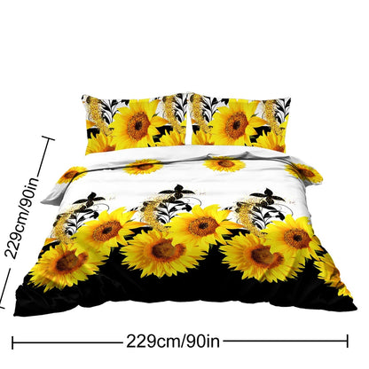 3 Pieces Black And White Background Sunflower Duvet Cover Set Yellow Flower Polyester Bedding Set For Adults Bedroom Decor Twin Full Queen King Size - www.Shopthatapp.com