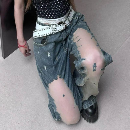 Retro Washed Ripped Baggy Jeans Pant For Women Summer Hollow Out - www.Shopthatapp.com