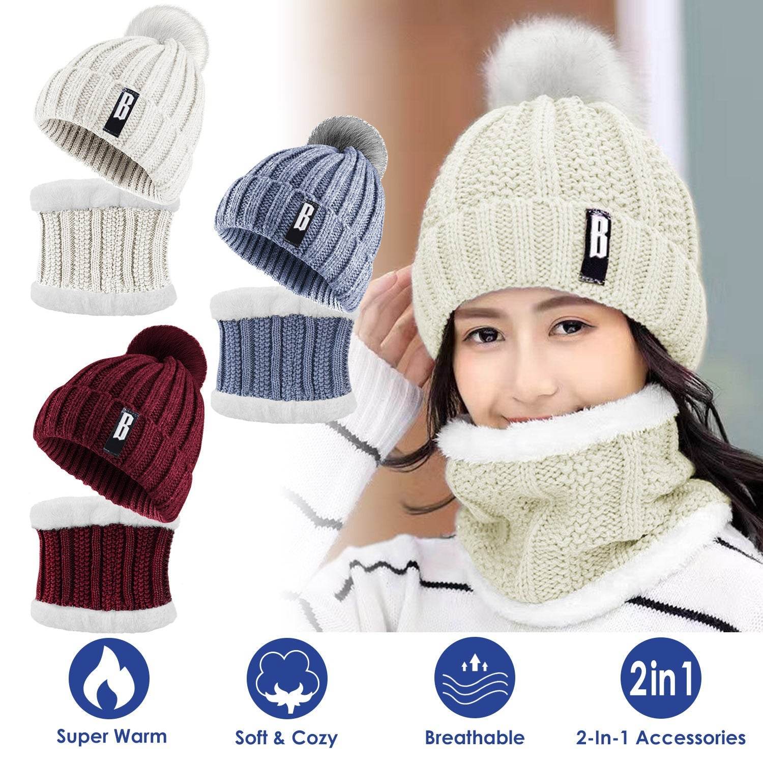 1Set Winter Beanie Hat Scarf Set Women Warm Knitting Skull Cap Neck Warmer For Walking Running Hiking Camping Outdoors Gift - www.Shopthatapp.com