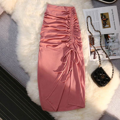 Women's drawstring Side Slit Pleated Hip Midi Skirt - www.Shopthatapp.com