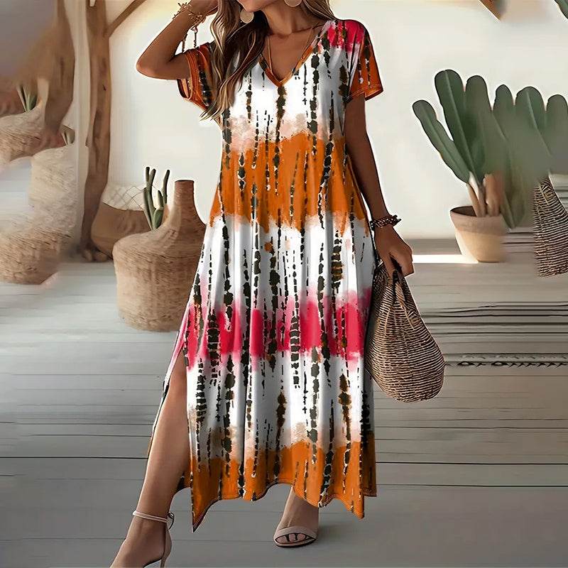 Women's Summer Tie Dye Maxi Dress Short Sleeve V Neck Casual Loose Long Split Dresses - www.Shopthatapp.com