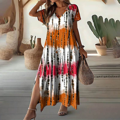 Women's Summer Tie Dye Maxi Dress Short Sleeve V Neck Casual Loose Long Split Dresses - www.Shopthatapp.com
