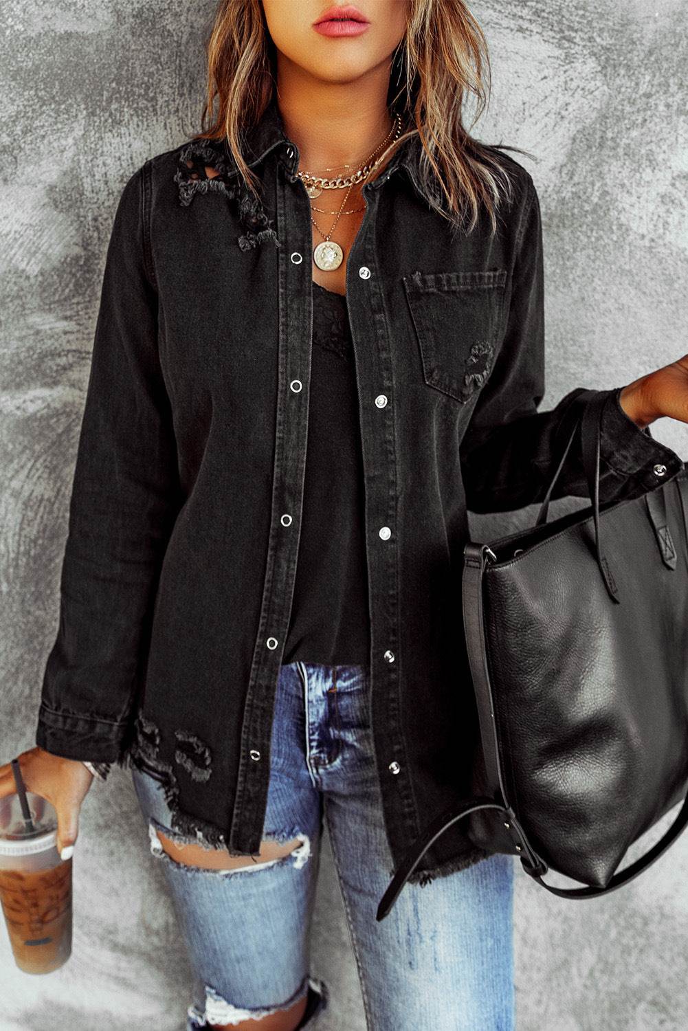 Long Sleeve Jeans Jacket Loose Fit Mid-Length Black - www.Shopthatapp.com