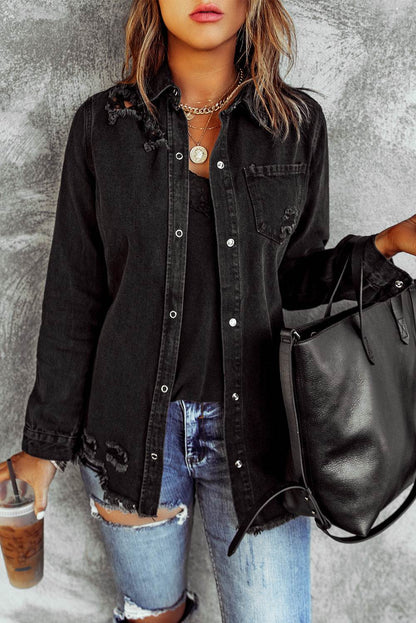 Long Sleeve Jeans Jacket Loose Fit Mid-Length Black - www.Shopthatapp.com