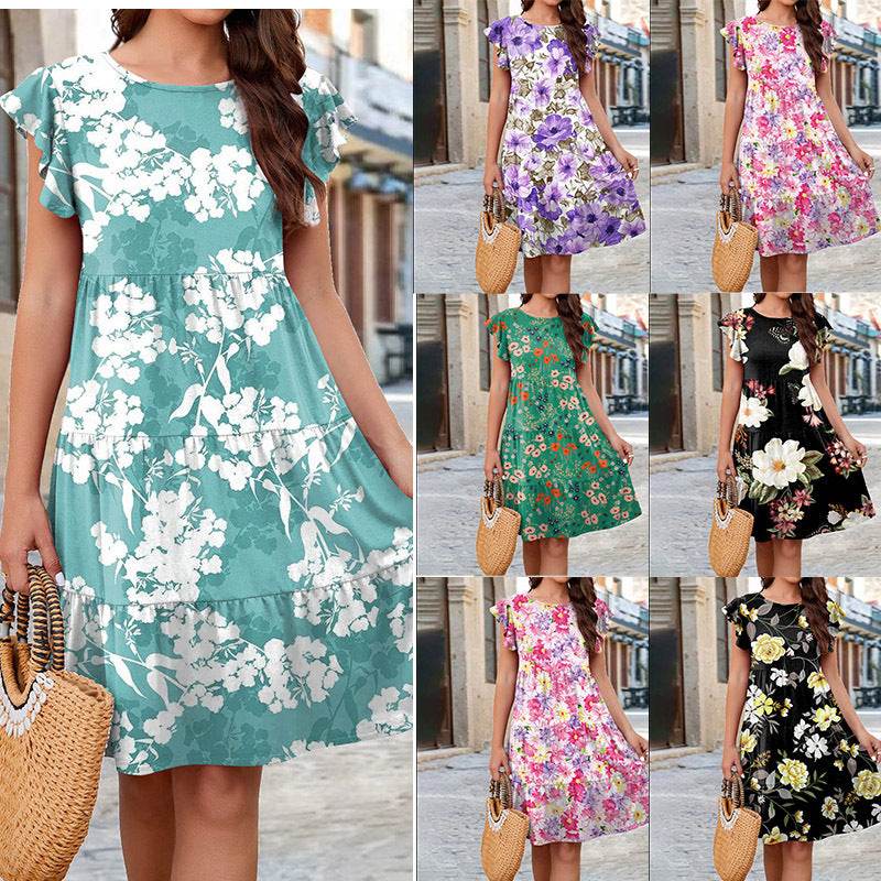 Ruffle Sleeve Dress Summer Loose Flower Print Beach Dresses Sweet Skirt Women - www.Shopthatapp.com