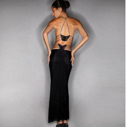 Halter neck Spaghetti Backless Butterfly Design Spring Summer long dress - www.Shopthatapp.com