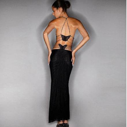 Halter neck Spaghetti Backless Butterfly Design Spring Summer long dress - www.Shopthatapp.com