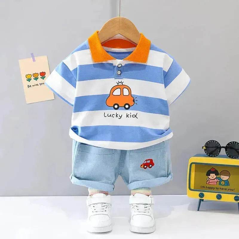 Boys' Summer Short Sleeve Korean Style Lapel Polo Shirt and Short Pant Two piece for boys - www.Shopthatapp.com