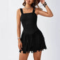 Women's Square Neck Summer Vacation Double-layer Sleeveless Mini Black Tassel Hem Dress - www.Shopthatapp.com