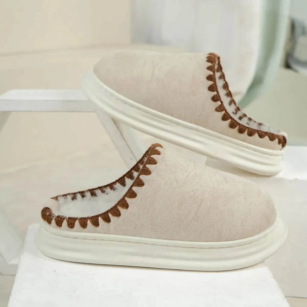 Winter Fashion Cotton Slippers With Sewing-side Design Indoor Non-slip Bedroom Floor Plush Slipper House Shoes Women Couple - www.Shopthatapp.com