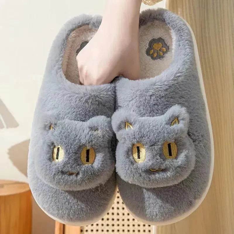Winter Cotton Cat Slippers Soft Plush Comfy Warm Couple Slip-On House Cute Cat Face Slippers For Winte - www.Shopthatapp.com