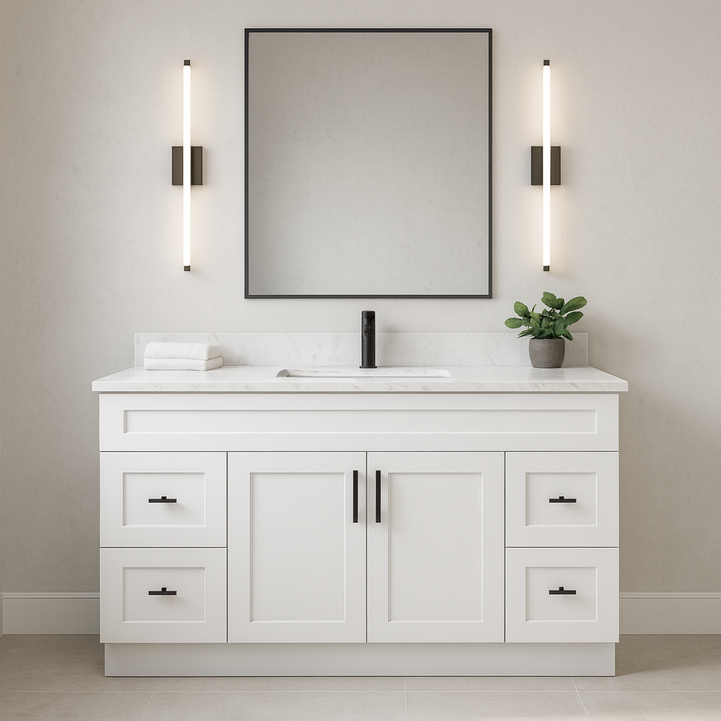 72-Inch Single Sink Shaker Bathroom Vanity — White or Gray | Plywood Cabinet, Solid-Wood Doors, Soft-Close 3-Way Clip-On Hinges | 4 Drawers, Center Double Doors - www.Shopthatapp.com