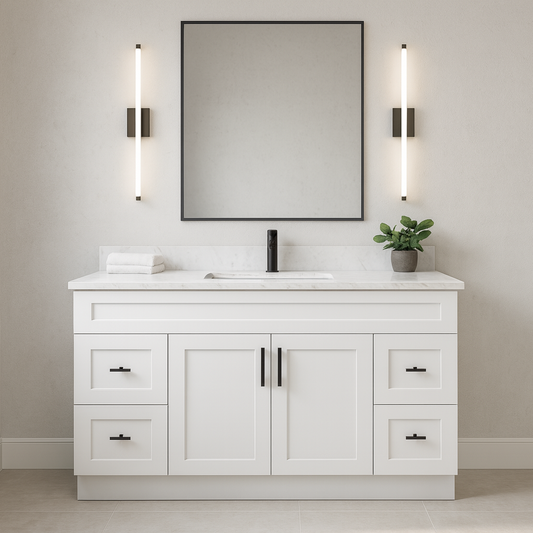 72-Inch Single Sink Shaker Bathroom Vanity — White or Gray | Plywood Cabinet, Solid-Wood Doors, Soft-Close 3-Way Clip-On Hinges | 4 Drawers, Center Double Doors - www.Shopthatapp.com