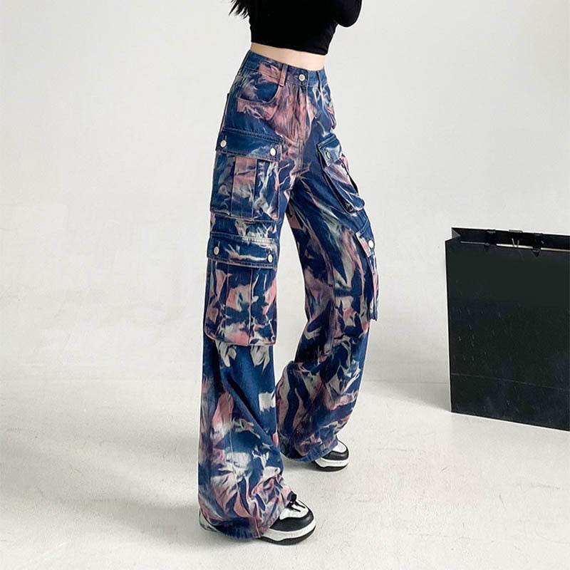 New Tie-dye Baggy CargoTrousers With Pockets Y2K Fashion High Waist Loose Wide Leg Pants Spring And Autumn - www.Shopthatapp.com